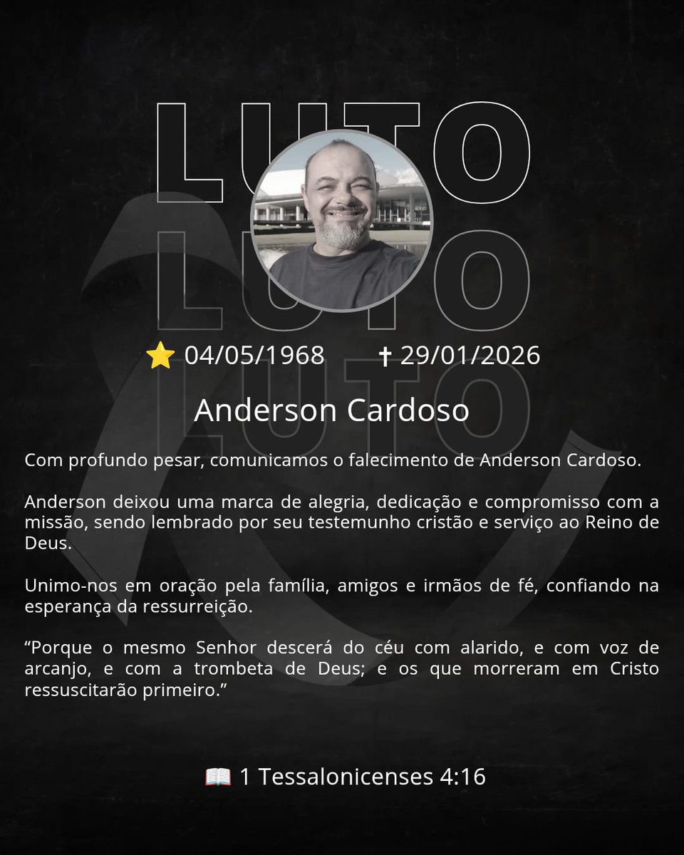 Com profundo pesar, comunicamos o falecimento de Anderson Cardoso.

Anderson deixou uma marca de alegria, dedicação e compromisso com a missão, sendo lembrado por seu testemunho cristão e serviço ao Reino de Deus.