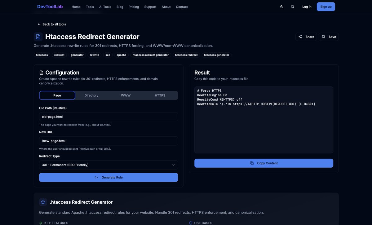 devtoollab's tweet photo. 🔁 New on DevToolLab!
Generate .htaccess redirects (301/302) in seconds — clean, ready-to-use rules.
Perfect for SEO, migrations & fixing broken links 🚀
👉 https://t.co/cdMGErq6vU
#DevToolLab #WebDev #SEO #Htaccess #DeveloperTools https://t.co/efRLVf3bHm