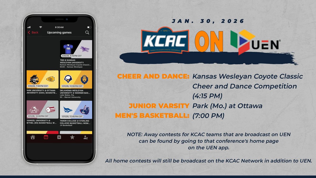 kcacsports's tweet photo. Today on @UrbanEdgeTv , @kwucoyotes host the KWU Coyote Classic Cheer and Dance Competition, then the Junior Varsity #KCACmbb squad from @BravesAthletics takes on Park! #KCACcheer #KCACdance #NAIACheer #NAIADance #NAIAMBB #TheRightWayToPlay

@NAIA @NAIAHoopsReport https://t.co/Si8dWOu8MZ