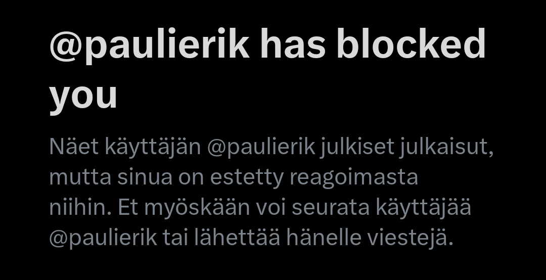 Niin se <a href="/PauliErik/">Pauli Kuismanen</a> sitten pakeni omaan turvalliseen kuplaansa. 😂🤣😂🤣😂

Ei se Internet sovi kaikille. 🤡