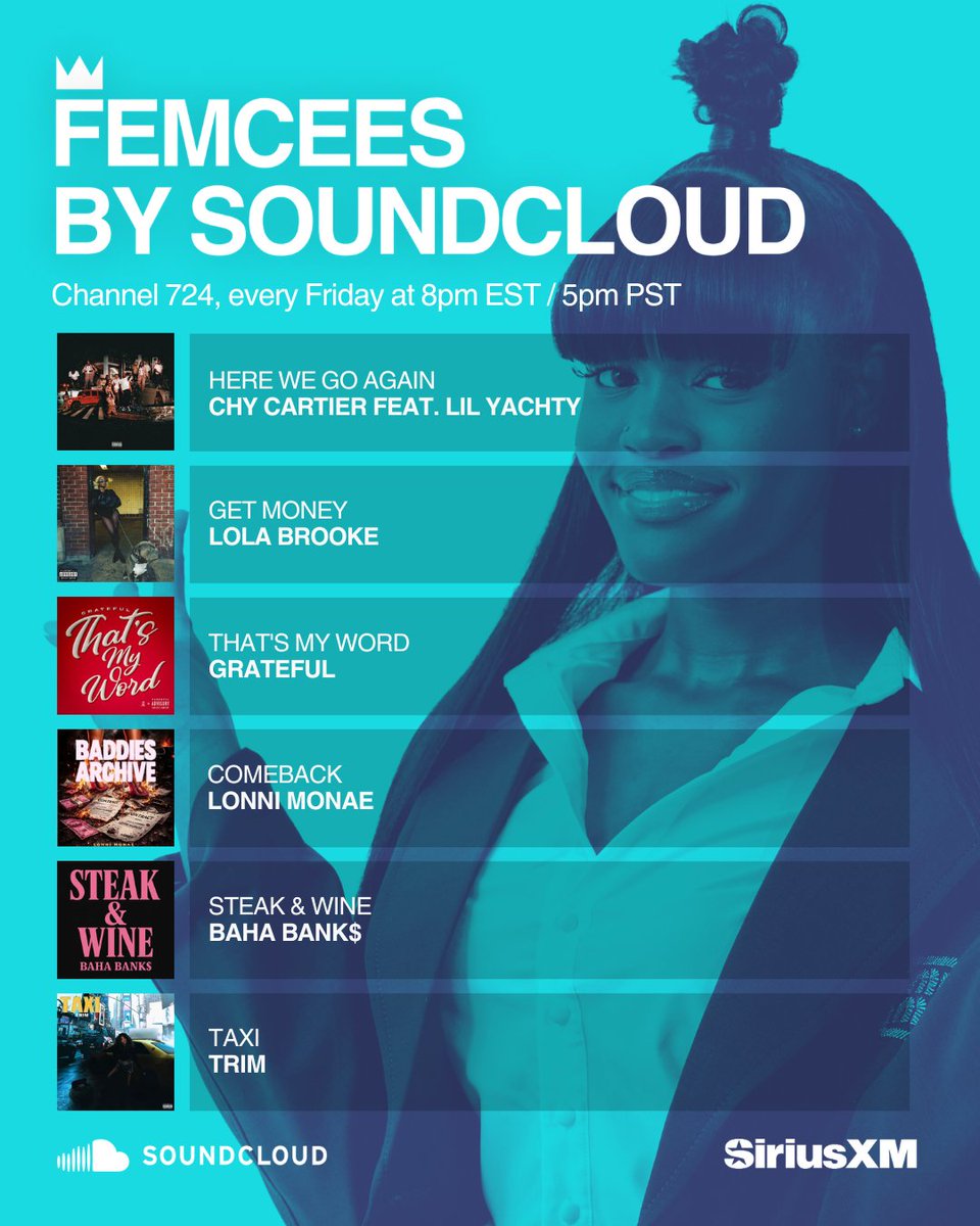 SoundCloud's tweet photo. These women in music are pumping the gas pedal in 2026. Listen to #FEMCEES tonight on @SIRIUSXM
https://t.co/JbWVi1gon3 https://t.co/ZcZYRmkDWL