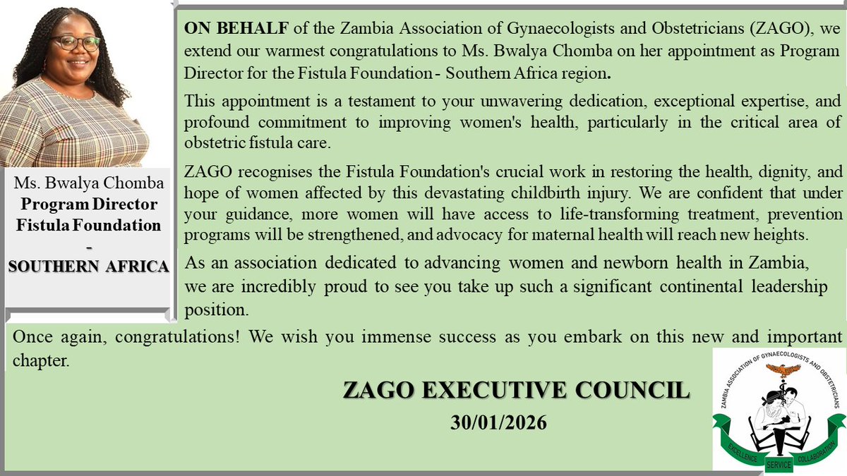 Congratulations Ms. Bwalya Chomba on your appointment as the Program Director for the Fistula Foundation - Southern Africa Region.
We are proud of you!!