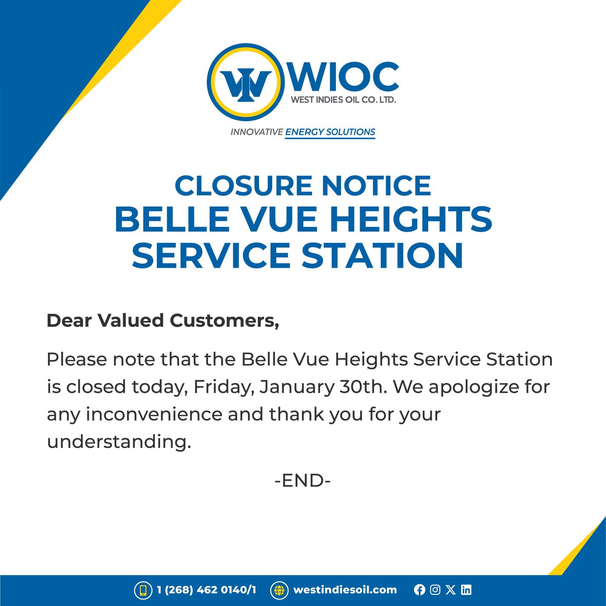 Belle Vue Heights Service Station is closed today, Friday, January 30th. We apologize for any inconvenience caused.