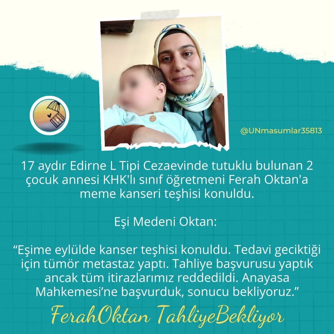 Yasar5112's tweet photo. 17 aydır Edirne L tipi Cezaevi'nde tutuklu bulunan 2 çocuk annesi KHK'lı sınıf öğretmeni Ferah Oktan'ın eşi Medeni Oktan:

"Eşime Eylül'de kanser teşhisi konuldu. Tedavi geciktiği için tümör metastaz yaptı. Tahliye başvurusu yaptık, ancak reddedildi."

FerahOktan TahliyeBekliyor https://t.co/xgUUrhU6Pv