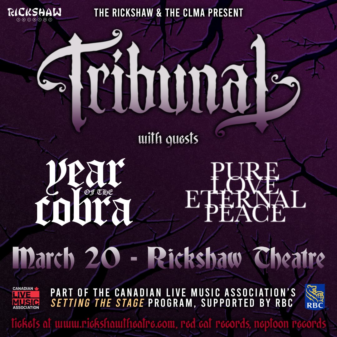 RickshawTheatre's tweet image. Exciting news! We’ve been selected for the #SettingTheStage mentorship and performance grant
program, supported by @RBC &amp;amp; @Canadian_Live! Catch Tribunal live at the Rickshaw on March 20th, with guests Year of the Cobra &amp;amp; Pure Love Eternal Peace. 🎶