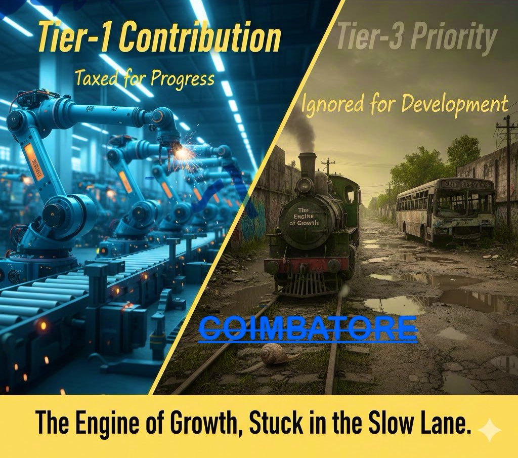 ⛔️Coimbatore 🌆 ONLY major Indian city systematically deprived of Central Govt investments &amp; core infrastructure, despite delivering everything on its own.

• Top-10 Indian city where GCCs are actively flocking • Global talent migration already underway • Car registrations