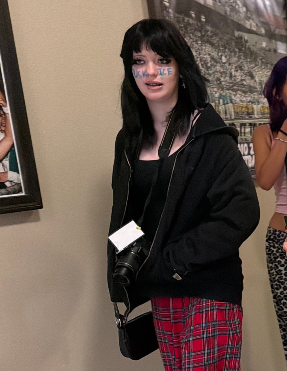 BrandiKruse's tweet image. A student at Tumwater High School in Washington state is walking around RIGHT NOW with “FUCK ICE” on her face. The school isn’t doing anything about it.