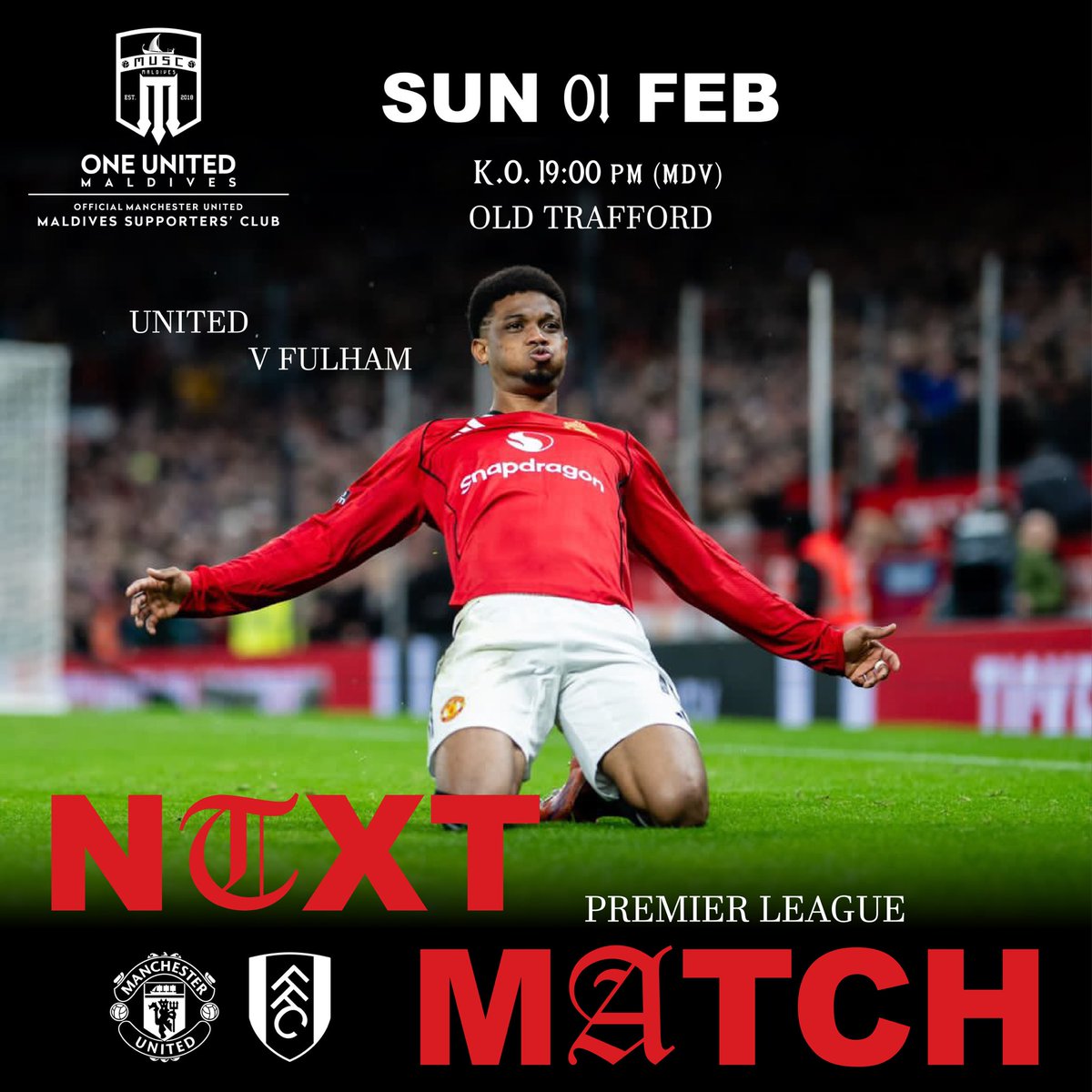 🔴🔥 NEXT MATCH 🔥🔴
<a href="/ManUtd/">Manchester United</a> 🆚 Fulham
🗓 1 Feb 2026
⏰ 19:00 MDV
📍 Old Trafford
LET’S GO UNITED!!! ❤️‍🔥⚽️