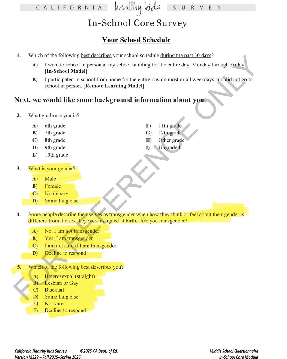 amyforsandiego's tweet image. California’s Healthy Kids Survey is being given to 11–13 year old middle school students, and the very first questions ask about transgender status and sexual orientation.

Here are 7 reasons parents are concerned:

1.Age appropriateness
These are complex, adult concepts many…