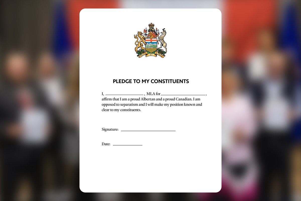 We are once again calling on UCP MLAs to sign a straightforward pledge to denounce separatism. As of Friday morning, all 38 of Alberta’s New Democrat MLAs have signed this pledge, and not a single UCP or Independent MLA has, including Premier Smith. 

This should be an easy