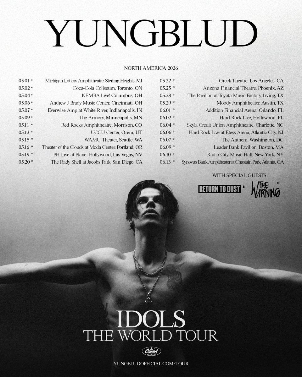 LiveNation's tweet photo. SUPPORT ADDED! 🖤 @Returntodustbnd and @TheWarningBand2 will be joining @yungblud for IDOLS - THE WORLD TOUR on select dates! https://t.co/3t36tn7YCa https://t.co/uRPhJIgBey