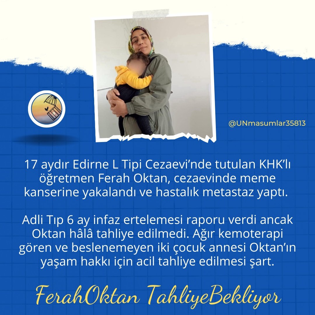enisicelis's tweet photo. Adalet sadece kanun değil, vicdandır. Ağır kanser teşhisi konulmuş masum bir annenin, kısıtlı imkanlarla hücrede tutulması kabul edilemez. Tedaviye erişim engellenmemeli, bu insani dram son bulmalıdır. Ferah Oktan’ın hayata tutunması için tahliye şart.

FerahOktan TahliyeBekliyor https://t.co/YwReOJG9iQ
