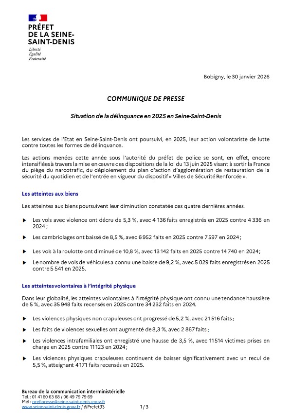 Image de Préfet de la Seine-Saint-Denis - #CommuniquéDePresse | Bilan 2025 de la lutte contre la délinquance en Seine-Saint-Denis
Consultez l