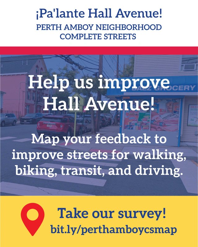 NJTPA's tweet image. Help create better streets in #PerthAmboy! Take our mapping survey and tell us where #walking, #biking, #transit, and #driving can be improved: bit.ly/perthamboycsmap
Realiza la encuesta: