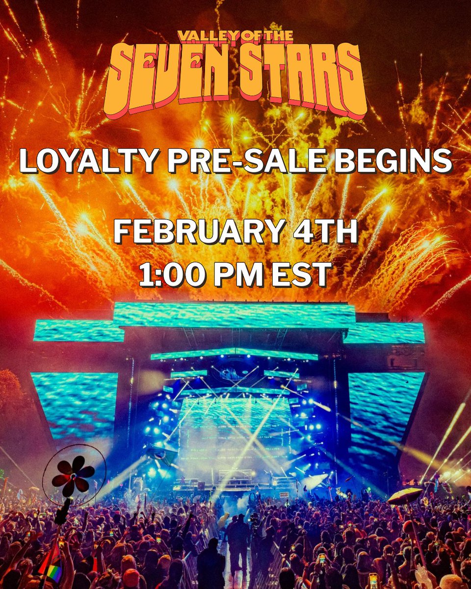 sevenstarsfest's tweet photo. Get in fam, we’re heading back to the Valley! 🏕️🚀
The Seven Stars Loyalty Pre-Sale begins February 4 for past ticket purchasers. 
So get with your crew and explore your options – we are so excited to continue this journey with you!
Find all the details: https://t.co/grM3jo56dG https://t.co/WLSaD6kAqS