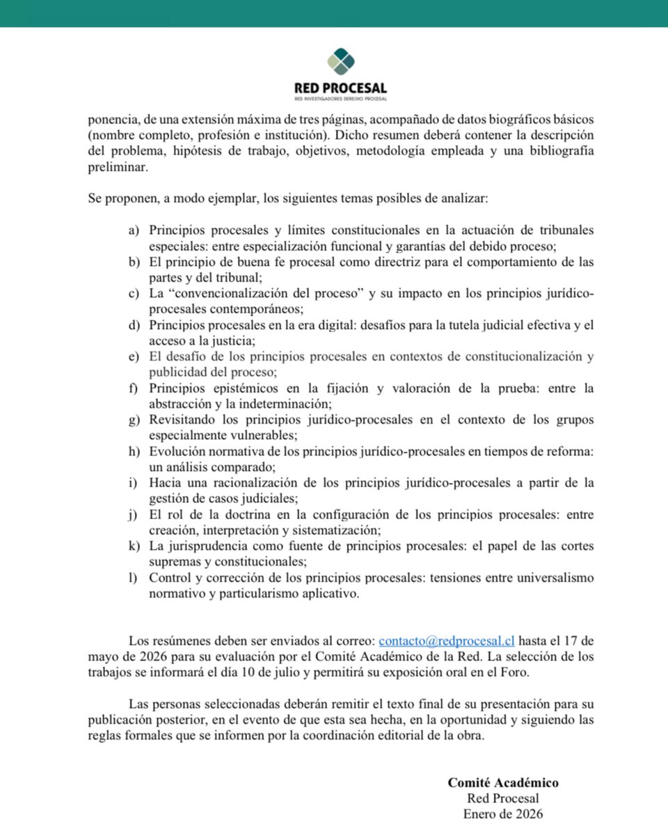 ProcesalRed's tweet photo. 📣 ¡Atención, procesalistas! ⚖️📚

La Red de Investigadores en Derecho Procesal, junto a la Facultad de Ciencias Sociales y Económicas y la Escuela de Derecho de la Universidad Católica del Maule, te invitan a ser parte del VIII Foro Anual.

📝 más info: 

https://t.co/JibEtw7dxb https://t.co/DpB3mrgvSO