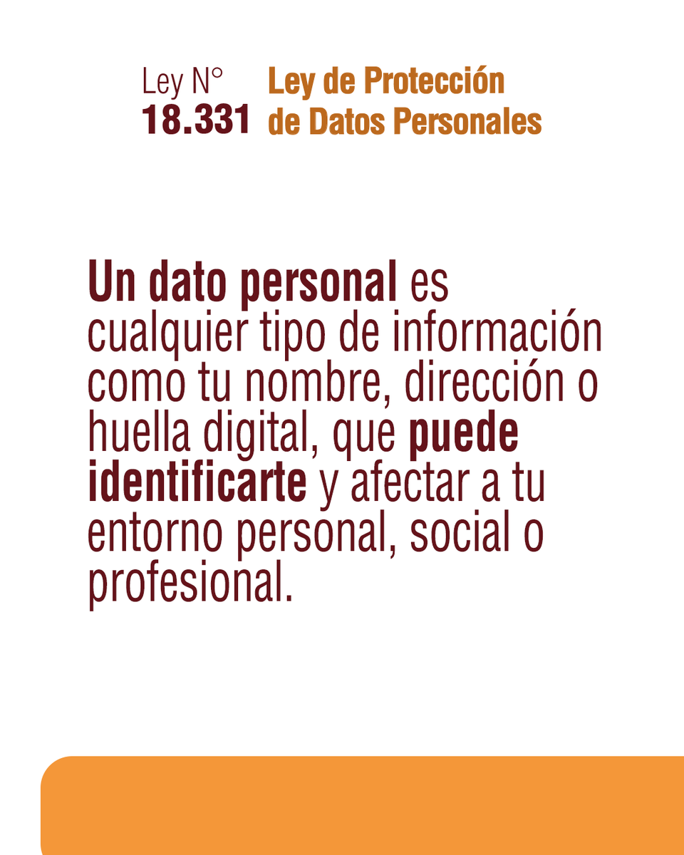 ℹ️ Un dato personal es cualquier información que puede identificar a una persona. La Ley Nº 18.331 aplica a todos los #DatosPersonales registrados en cualquier soporte susceptibles de tratamiento y a toda modalidad de uso.

🛡️ #CuidáTusDatos, conocé más: gub.uy/unidad-regulad…