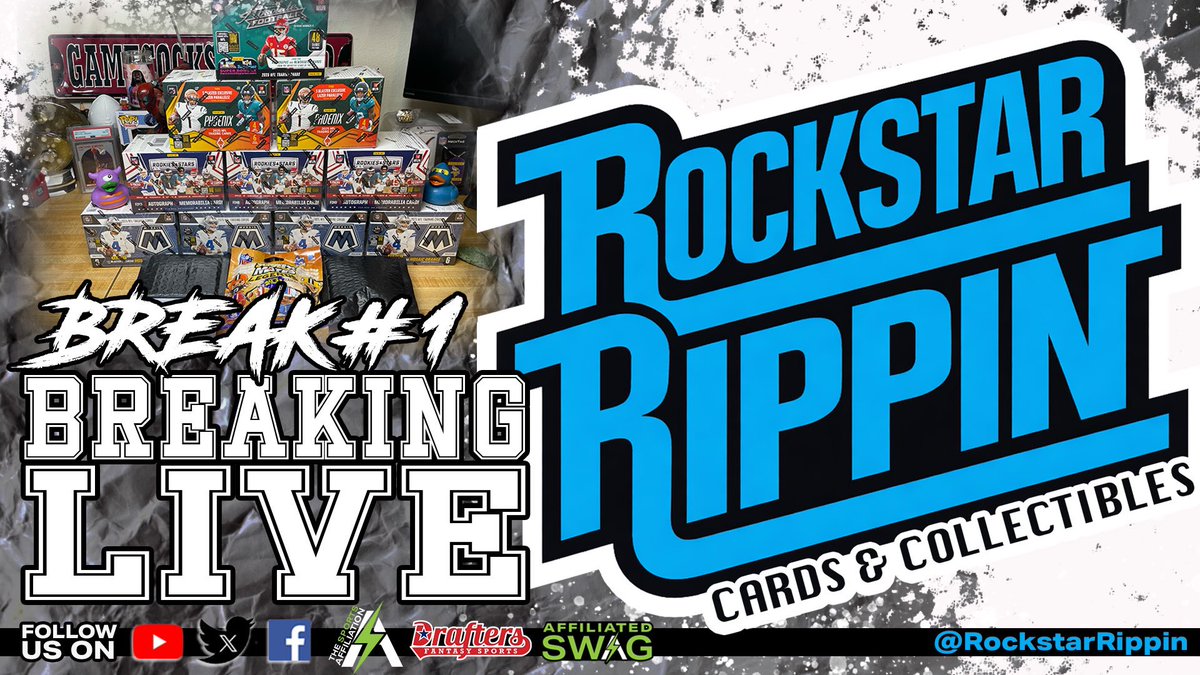 RockstarRippin's tweet image. Tonight at 6PM EST we will be RIPPING Break #1! Come join us in the fun! Make sure to join us LIVE because we do a free giveaway on every show!
@TheSportsAffili
#TheHobby
#SportsCards
#BoxBreak
👇LINK BELOW👇
