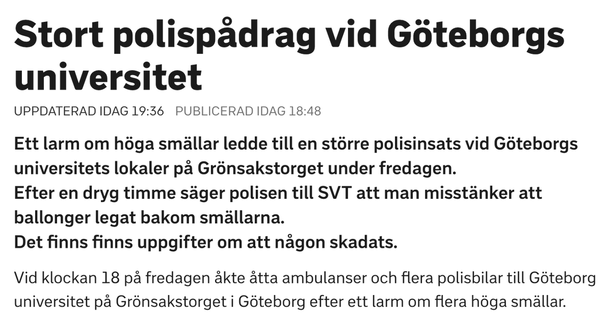 Skönt att det inte var något allvarligt. 
Bra med starkt pådrag men sorgligt att vi konstant måste vara på helspänn numera.