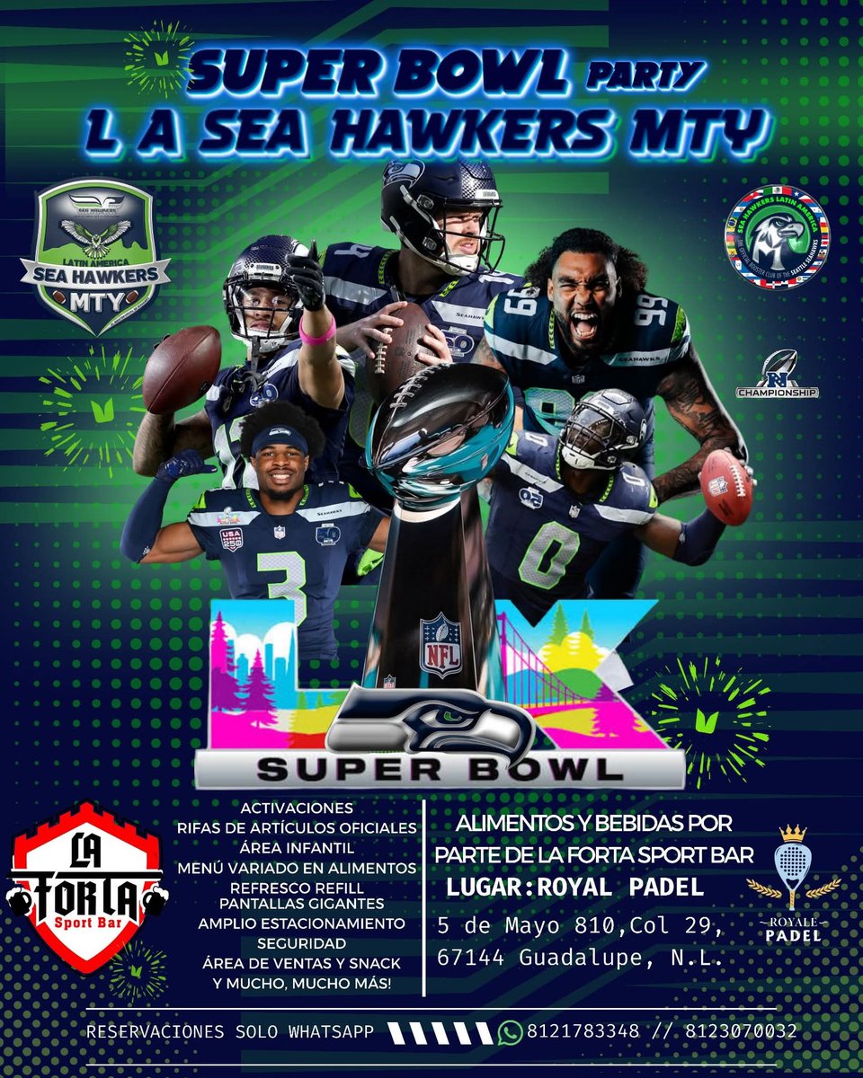 Seahawksmty12's tweet photo. ¡¡𝗘𝗟 𝗦𝗨𝗣𝗘𝗥 𝗕𝗢𝗪𝗟 𝗦𝗘 𝗩𝗜𝗩𝗘 𝗘𝗡 𝗙𝗔𝗠𝗜𝗟𝗜𝗔 𝗖𝗢𝗡 𝗟𝗢𝗦 𝟭𝟮'𝗦 𝗗𝗘 𝗠𝗢𝗡𝗧𝗘𝗥𝗥𝗘𝗬!!🏈🔥

#GoHawks #SeahawksMTY #12sMonterrey #SuperBowlLIX #LaFortaEnRoyalPadel https://t.co/JOzfUgKRTe