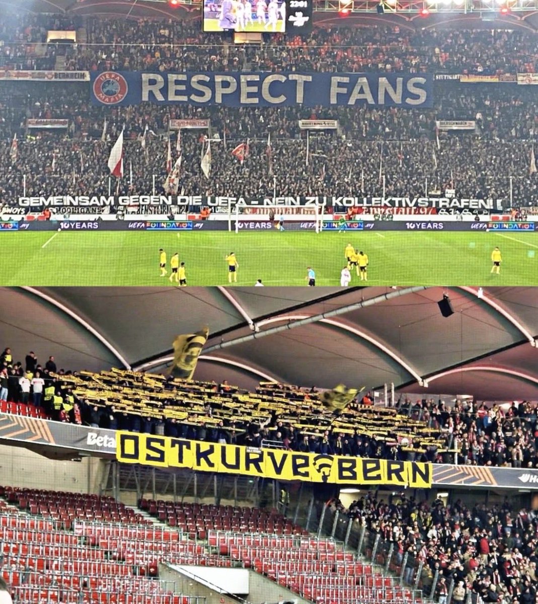 La UEFA prohibió al Stuttgart la venta de entradas a los aficionados del Young Boys en el sector visitante. 

La reacción de los aficionados del Stuttgart fue ayudar a comprar entradas para los aficionados del Young Boys justo encima del sector visitante que quedó vacío.

Durante