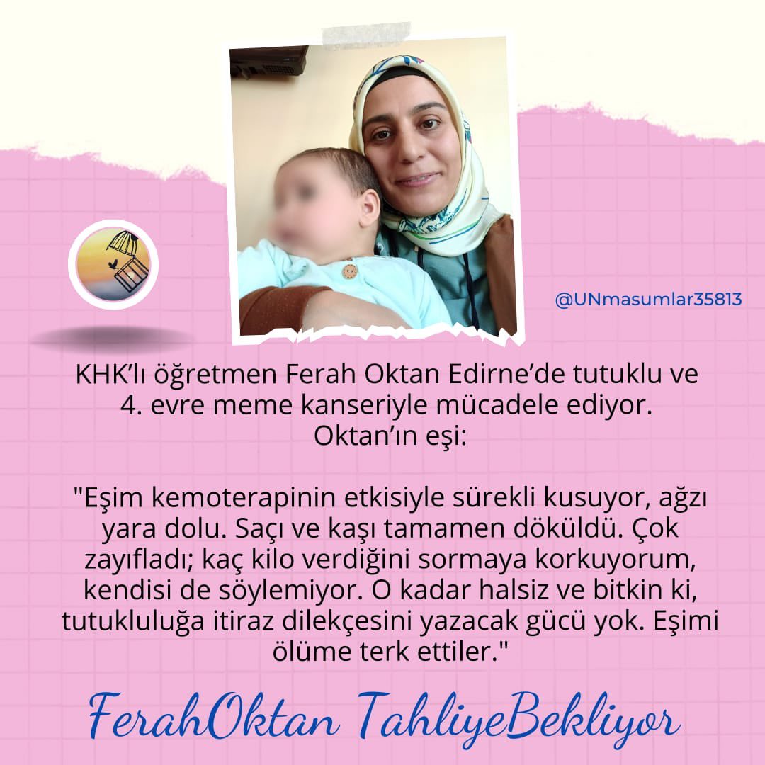 🔴ZULÜM…🔴
Cezaevi koşullarında alınan kemoterapi tedavi sayılmaz.
Beslenemeyen, ağzı yaralarla dolu bir hastaya “bakım” denemez.
Bu koşullar ne tıbba ne de insanlığa uygundur.
#SONDAKİKA 
#adalet 
FerahOktan TahliyeBekliyor