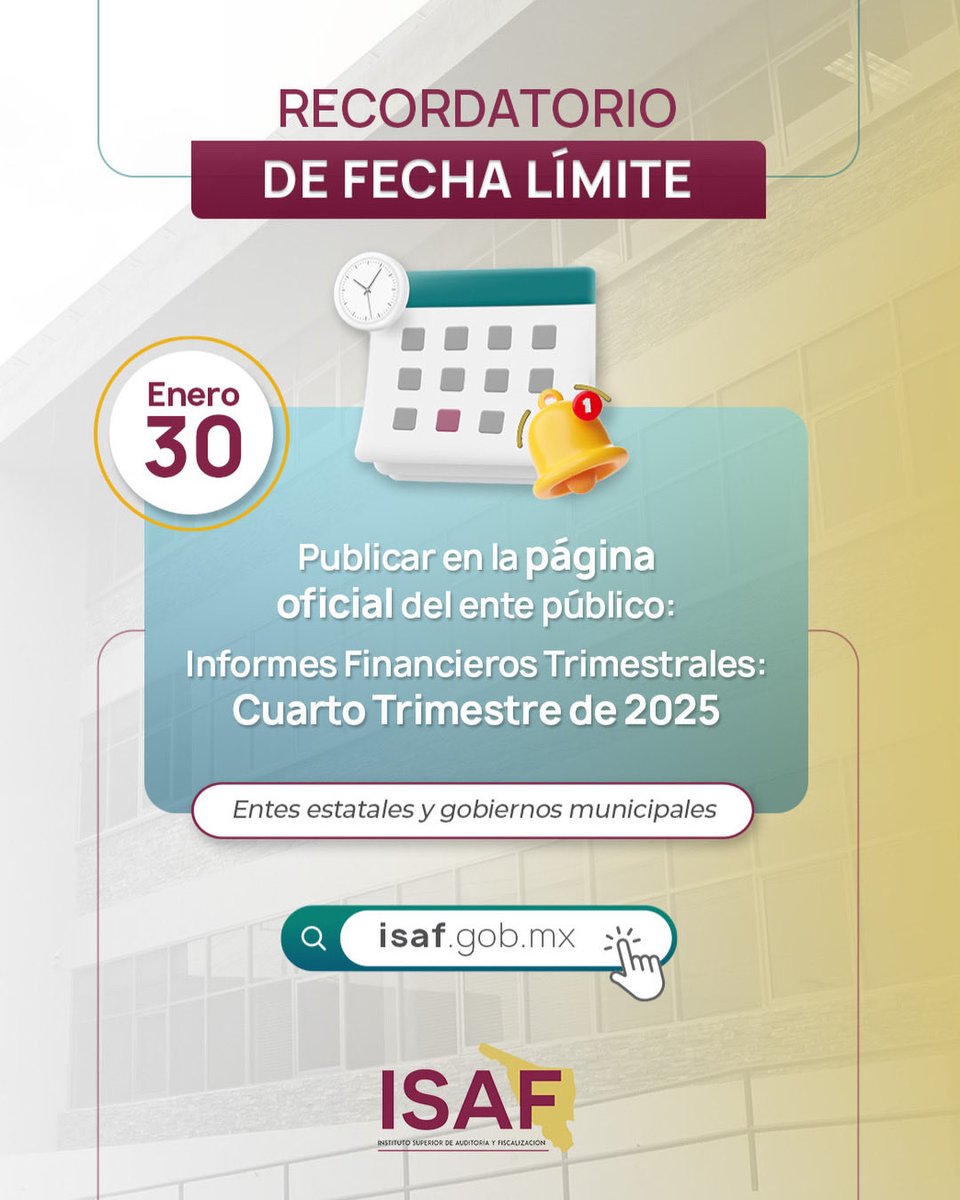 📢 Recordatorio de fecha límite
Ayuntamientos y entes estatales:

🗓️ 30 de enero es el plazo para publicar en la página oficial del ente público los Informes Financieros Trimestrales correspondientes al 4to. trimestre de 2025.

Cumple en tiempo y forma. ✅

#isafciudadano
