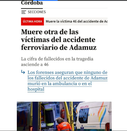 Muere una persona más, víctima del accidente de ADAMUZ...
- ¿Algo más que añadir, Pinocho <a href="/sanchezcastejon/">Pedro Sánchez</a>?
- ¿Algo más que añadir en tu defensa de que todo lo has hecho de pVta madre, australopitecus <a href="/oscar_puente_/">Óscar Puente</a>?
¡¡Decirle eso a los familiares de las víctimas, miserables!!