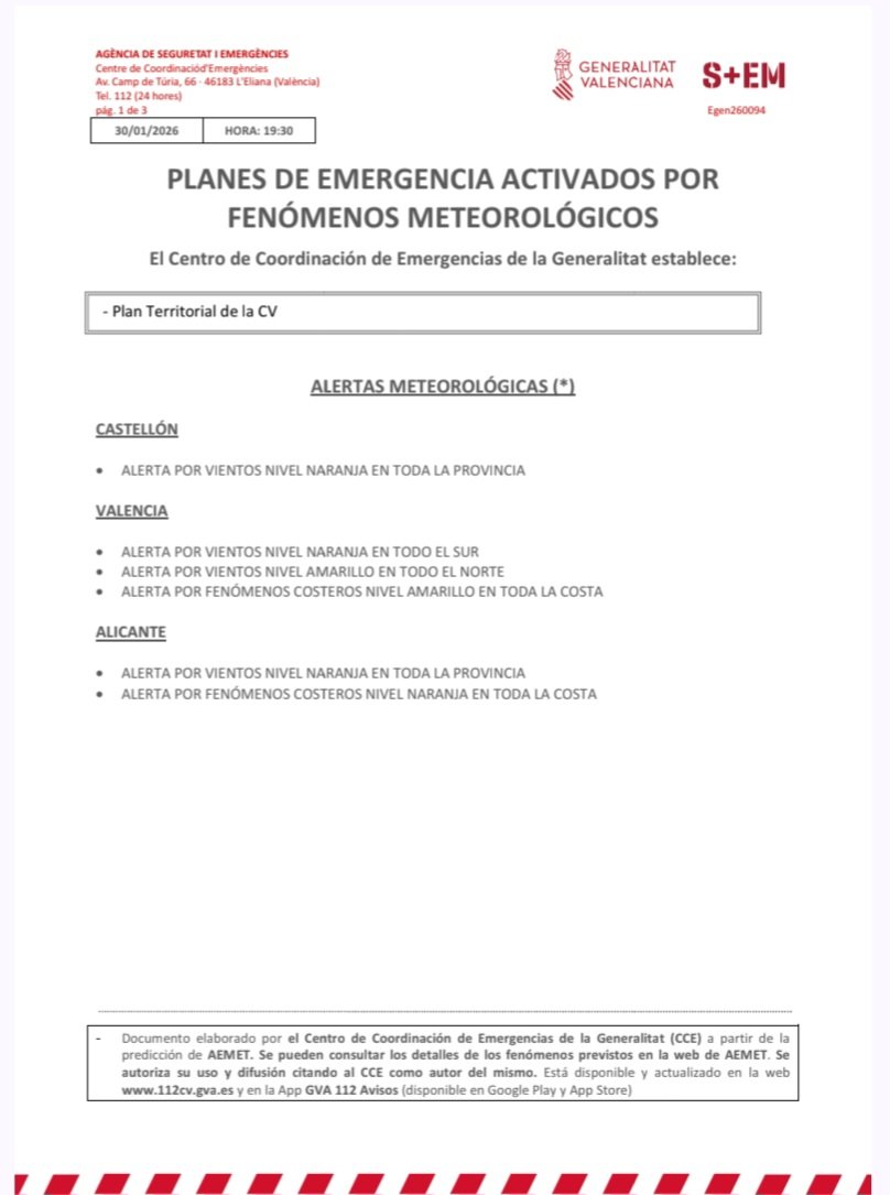 🚨(19:30 h) Actualización alertas meteorológicas.

🟠El Centro de Coordinación de Emergencias amplía la alerta nivel  naranja por viento a toda la provincia de Castellón.

➡️El resto de alertas establecidas esta mañana se mantiene vigente.

➕️info👇