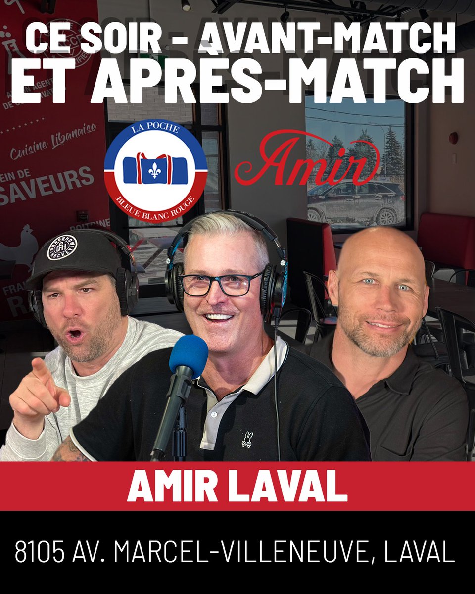C’EST AUJOURD’HUI! 🚨
On vous attend dès 18h30 au restaurant Amir de Laval à l’adresse de Marcel-Villeneuve pour vivre le match Montréal vs Buffalo avec La Poche Bleue Blanc Rouge 🏒🔥

🎙️ Podcast d’avant-match
 🤝 On est là pour jaser avec vous
 🎧 Podcast d’après-match diffusé
