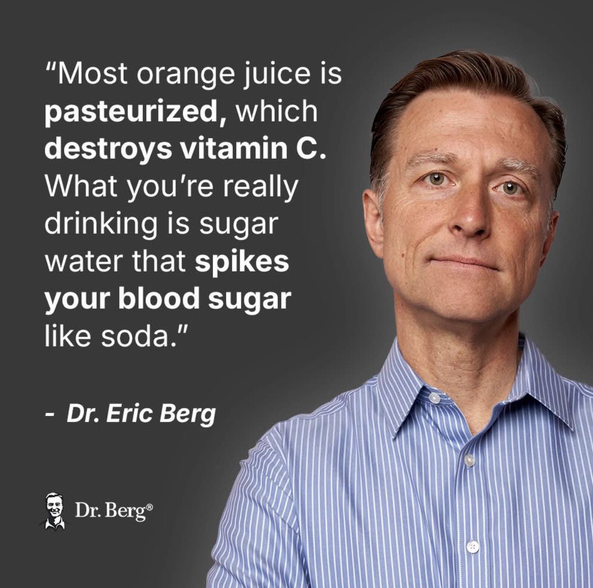La plupart des jus d’orange sont pasteurisés, ce qui détruit la vitamine C. En réalité, ce que vous buvez c’est de l’eau sucrée qui fait monter le taux de sucre dans le sang 🩸.