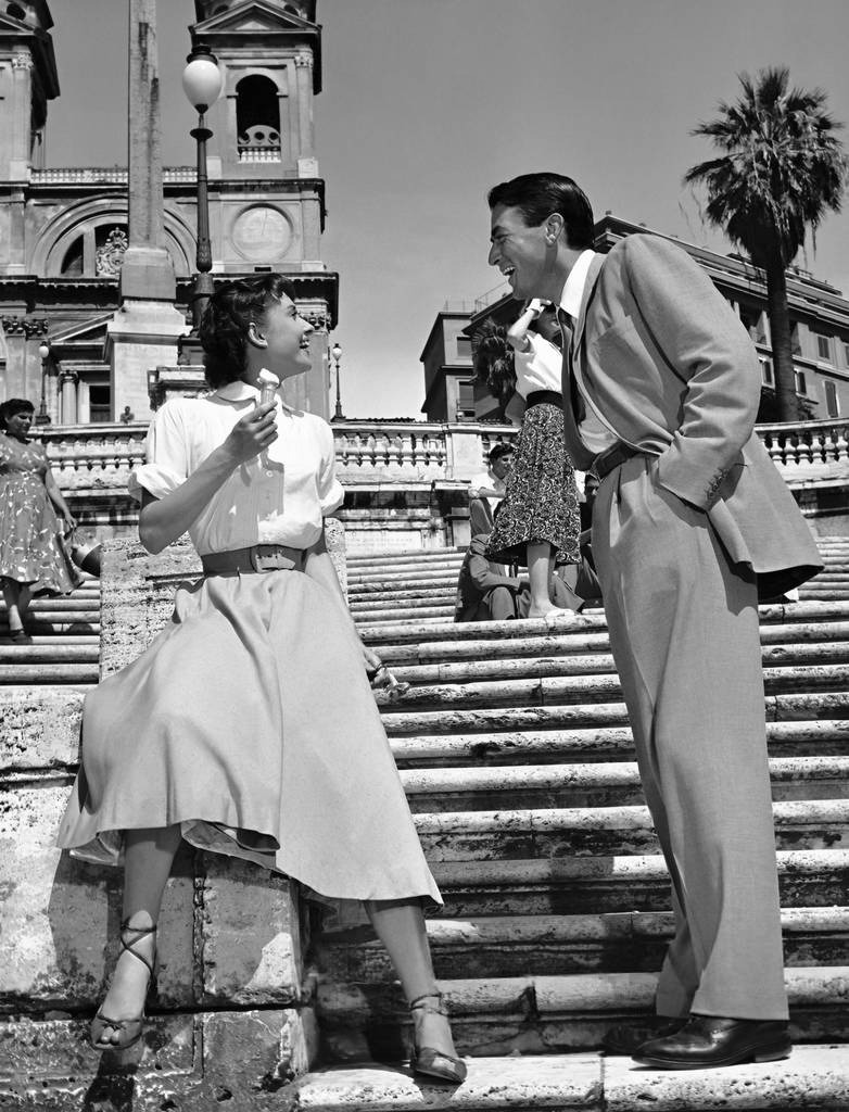 Audrey Hepburn and Gregory Peck photographed on the Spanish Steps for Roman Holiday, 1953
