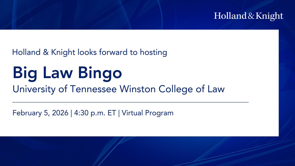 Holland_Knight's tweet image. We're excited to host a virtual Big Law Bingo for @utkwinstonlaw students next week! Tune in for a fun evening of entertainment and prizes while learning about the large #lawfirm practice. We hope to see you there! #lawschool #lawstudents