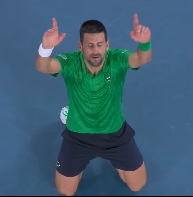 Sachinettiyil's tweet photo. Novak Djokovic dropped to his knees and made the sign of the cross, giving glory to God after his semifinal win over Jannik Sinner at the Australian Open. https://t.co/v8sIgyQRHT