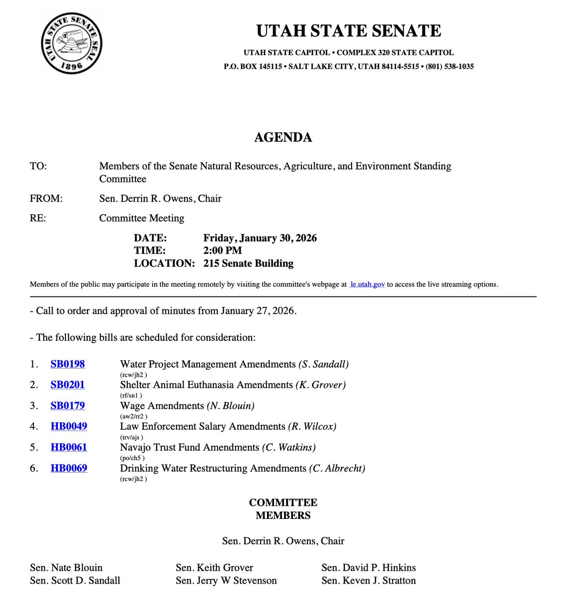 We are grateful the Utah Senate Natural Resources, Agriculture, and Environment Committee is discussing <a href="/NateForUtah/">Nate Blouin</a>'s SB 179 today, which would raise the minimum wage in Utah for the first time since 2009.