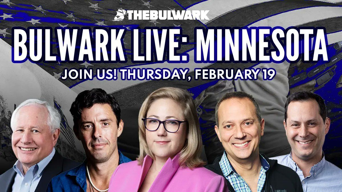 BulwarkOnline's tweet photo. Tickets are now on sale for our Minneapolis live event on February 19 with @BillKristol, @Timodc, @SarahLongwell25, JVL and @samstein. Get them now: https://t.co/LELMHCBJJS https://t.co/hygYzFqDrd
