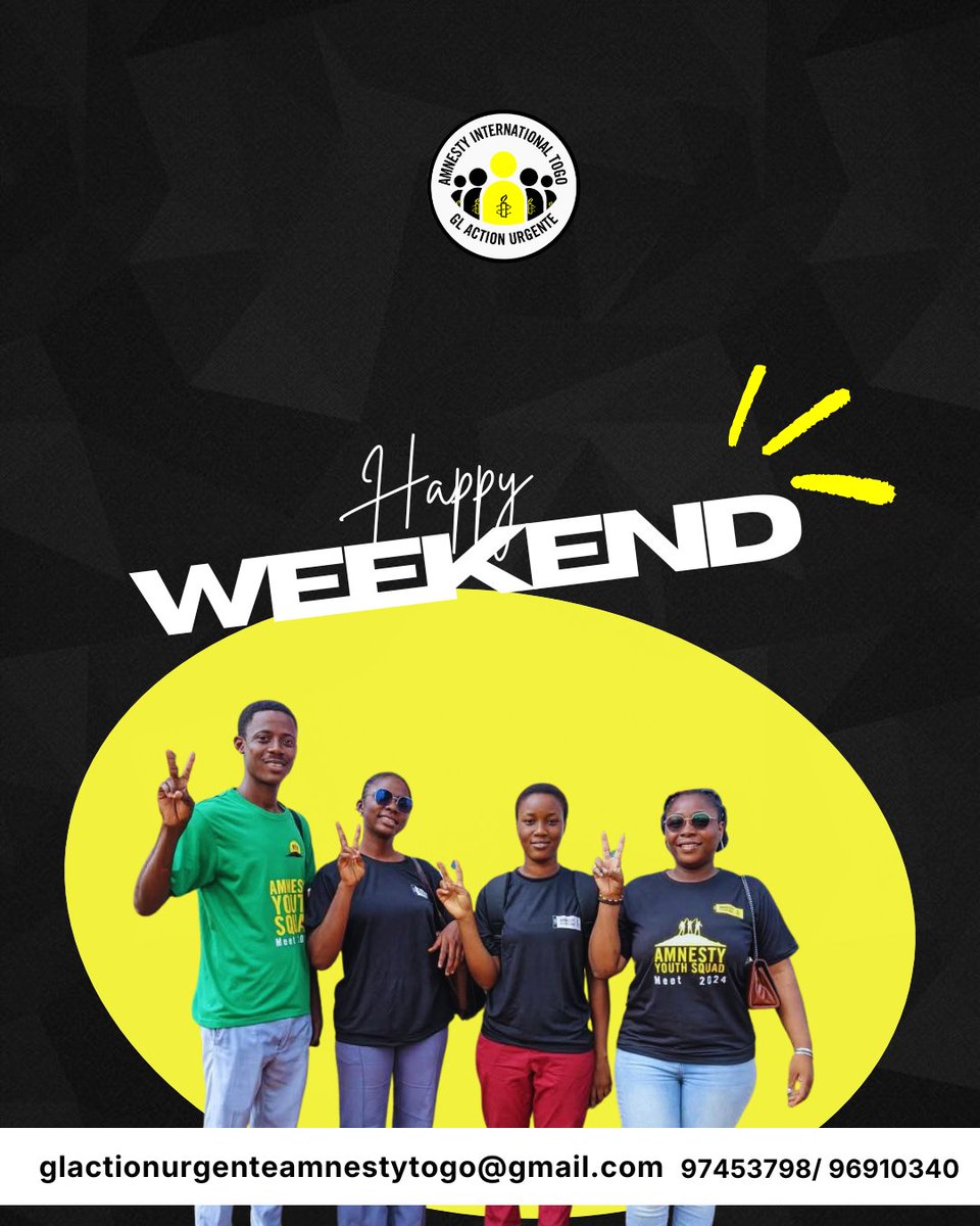𝐇𝐚𝐩𝐩𝐲 𝐬𝐭𝐚𝐫𝐭 𝐨𝐟 𝐭𝐡𝐞 𝐰𝐞𝐞𝐤𝐞𝐧𝐝! 🌿
Let’s take advantage of this time to strengthen solidarity and respect for human rights in our communities.
#Solidarity #LivingTogether #HumanRights 
<a href="/AmnestyTogo/">Amnesty International Togo</a> <a href="/amnes/">su-young son</a>