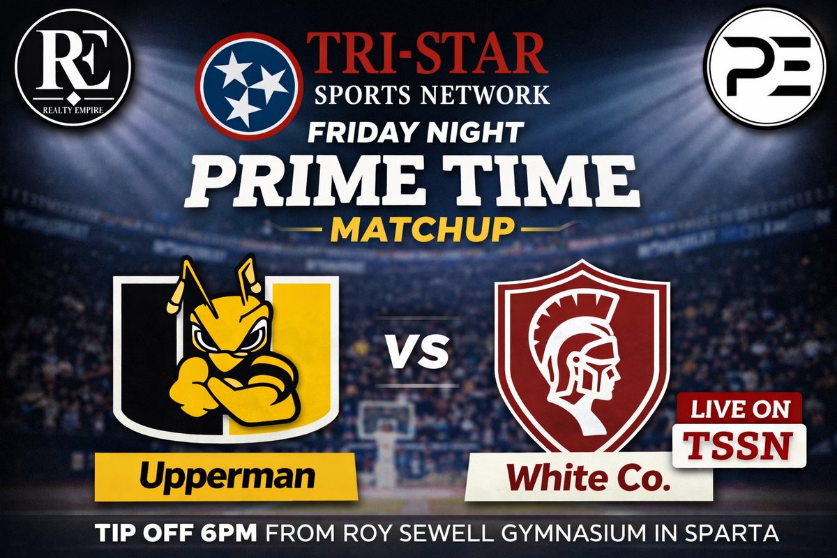tri_Starsports1's tweet photo. 🔥🏀 FRIDAY NIGHT PRIME TIME MATCHUP 🏀🔥
Tri-Star Sports Network is headed to Sparta for a big one as Upperman takes on White County in our Friday Night PRIME TIME showdown!
📍 Roy Sewell Gymnasium – Sparta
⏰ Tip-Off at 6:00 PM
🎥 LIVE on #TSSN
#PrimeTime #UCHoops https://t.co/HyNwMxCyxW