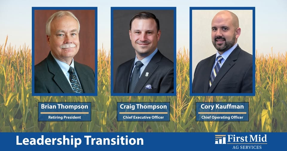FirstMidAg's tweet photo. After more than 43 years of service, President Brian Thompson will retire from full-time employment in June 2026. Craig Thompson has been named Chief Executive Officer and Cory Kauffman Chief Operating Officer. https://t.co/f18C2ywoen