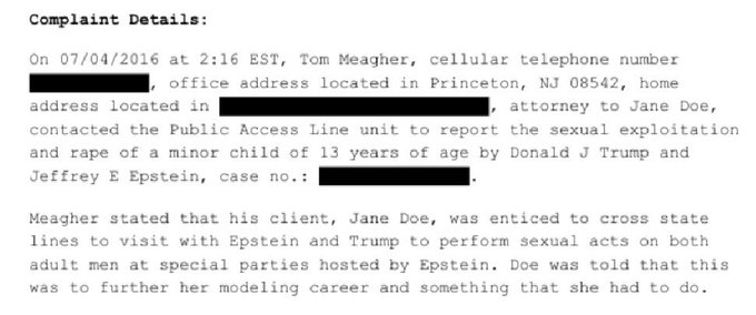 Another claim that a Jane Doe client was lured across state lines as a model by Epstein &amp; Trump, and raped.

This was in 2016.

The public only found out that Epstein used a modeling agency as a front in 2018 with Miami Herald reporting.

This was filed TWO YEARS before that.