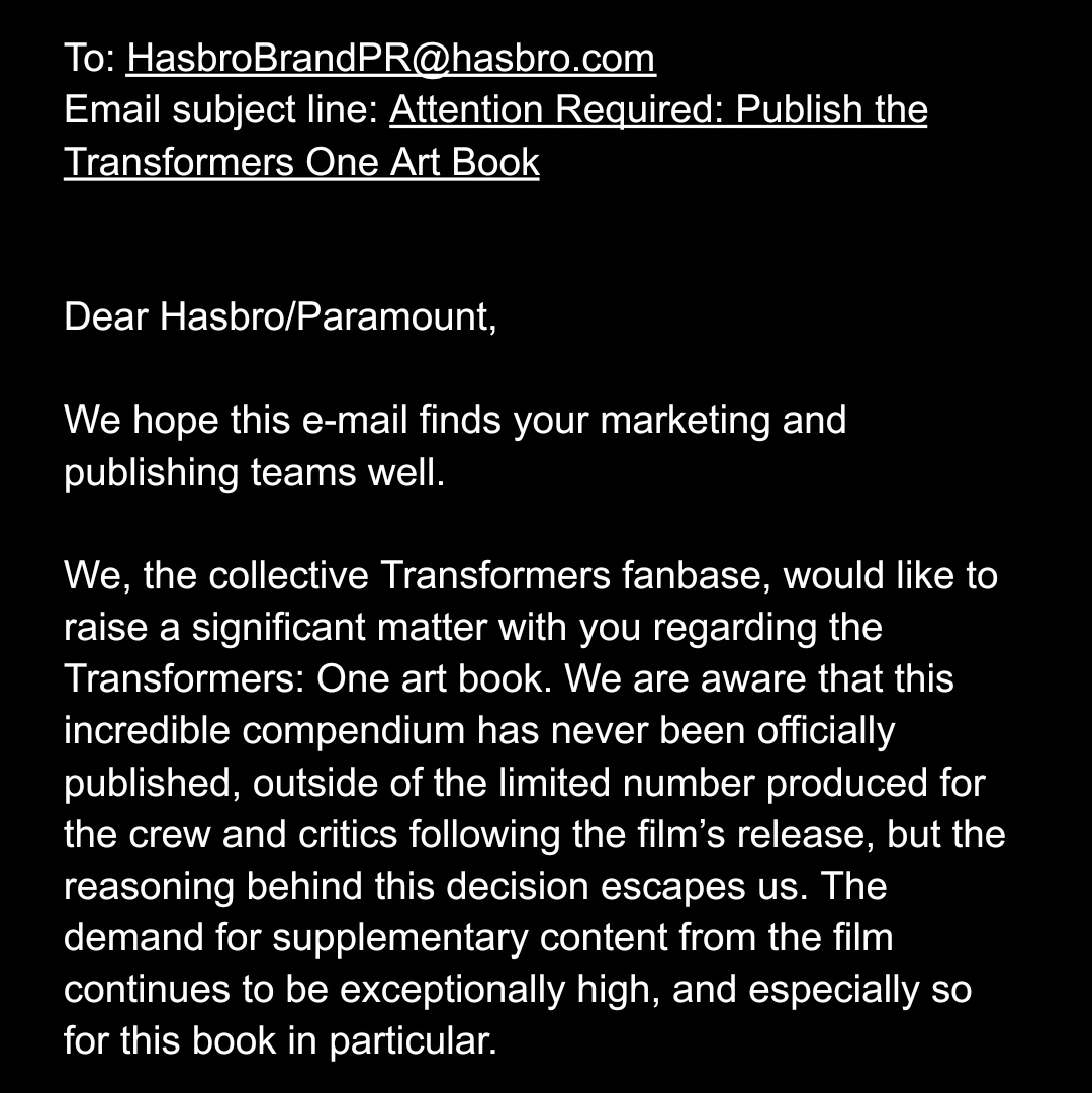 there's a petition for TFONE that needs more visibility, please sign + share. reminder that there's also an email form that we should keep sending to hasbro

"Urge Paramount Pictures to develop Transformers One sequel"
🔗 c.org/87GdThnHgb
form
🔗 bit.ly/4ju2PXF
