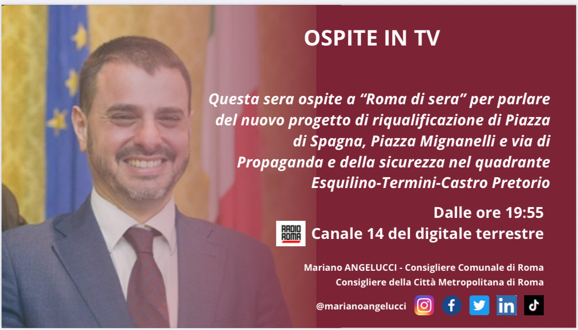 📺 OSPITE IN TV

Un’occasione per parlare dei progetti di riqualificazione di Piazza di Spagna, Piazza Migngnanelli e via di Propaganda e della situazione sicurezza nell’area Esquilino-Termini-Castro Pretorio.

🗓 Questa sera
🕒 Ore 19:55
📺 Canale 14 del dt #televisione #roma