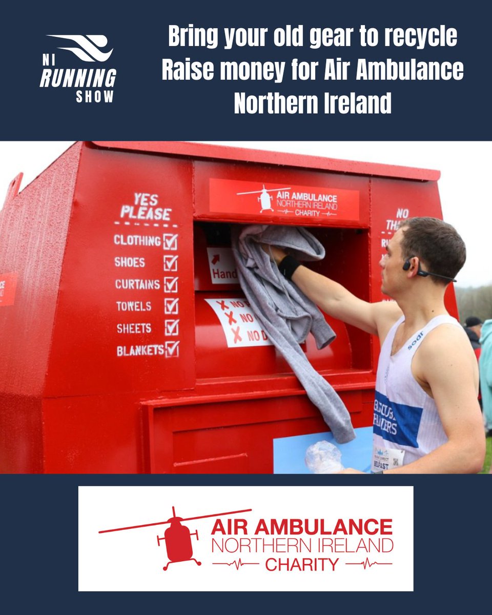 Bring your old running gear to be recycled and reused to the show. And the best? You’ll be helping raise vital funds for our charity partner, <a href="/AirAmbulanceNI/">@AirAmbulanceNI</a>.  

How does it work? Bring your old gear, drop it in the red bin. You’ll feel good and Air Ambulance will be smiling.