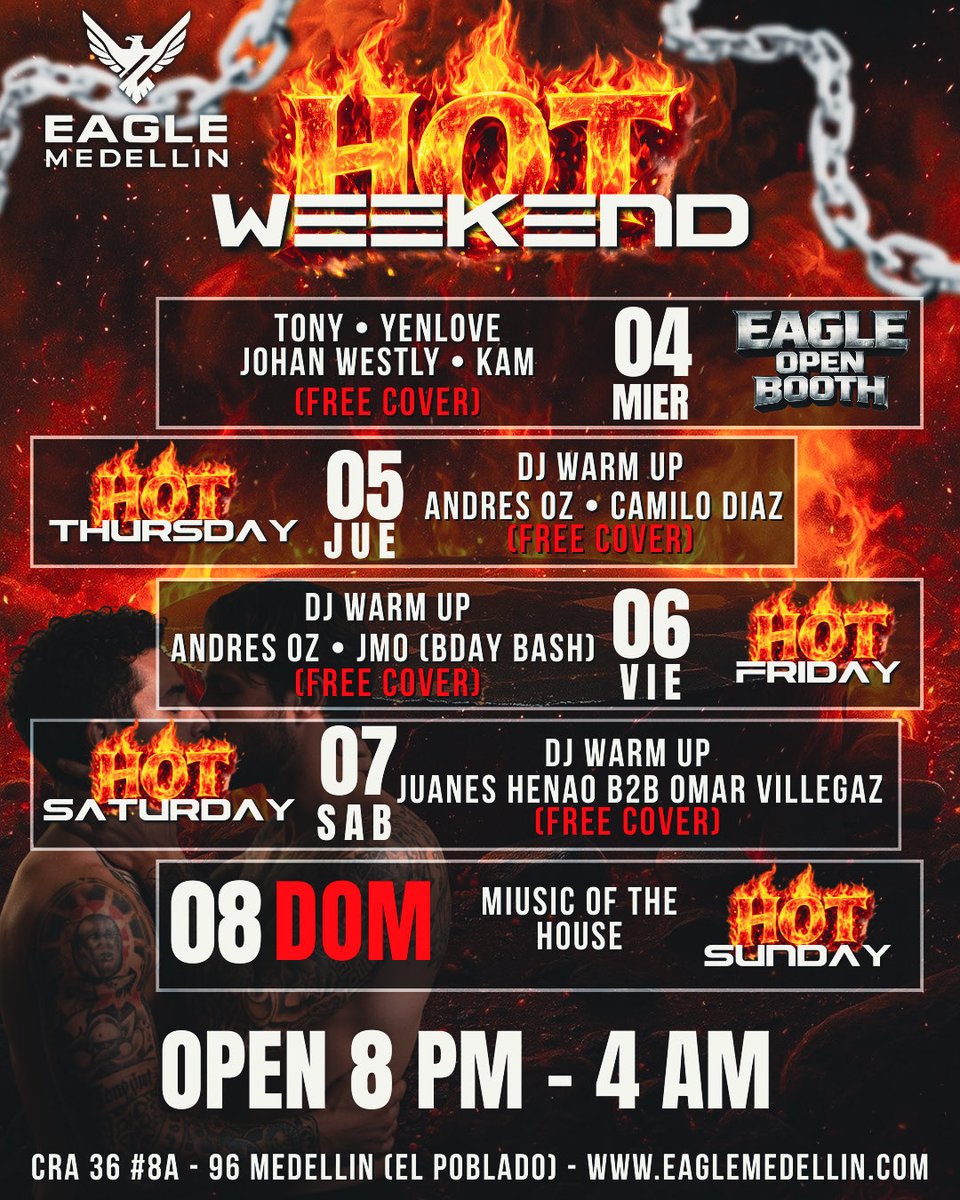 EagleMedellinCo's tweet photo. 🔥 HOT WEEKEND en Eagle Medellín 🔥
Fuego, sudor y beats sin censura.
🕗 8 PM – 4 AM
📅 Feb 04 al 08
🎧 DJs invitados + Open Booth
🎟️ FREE COVER
📍 El Poblado
#HotWeekend #EagleMedellín #DarkRoom https://t.co/Ugf3lzUzVr