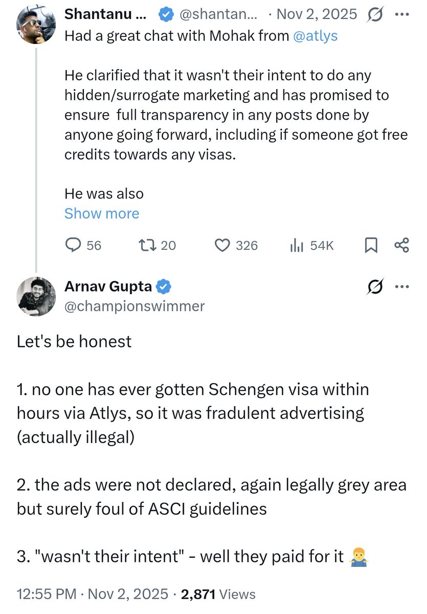 Head of Marketing at Atlys reached out to me take feedback. 

1. With that salty sarcastic tone, best of luck anyone engaging you in good faith 

2. "Enormous amount of hate" - I could only find 2 times I engaged with Atlys on social media, that too more than 1 year ago. Once