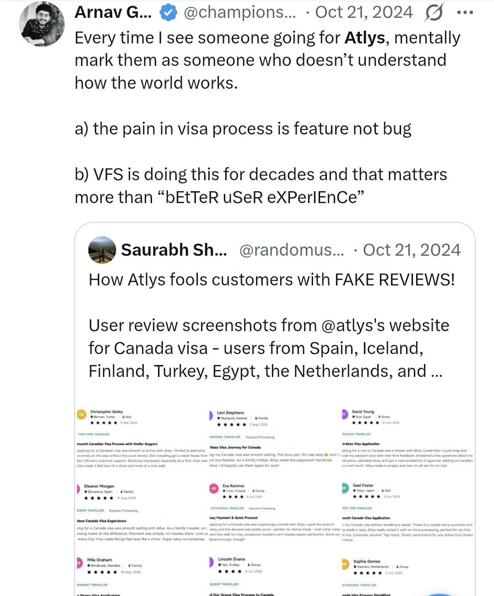championswimmer's tweet photo. Head of Marketing at Atlys reached out to me take feedback. 

1. With that salty sarcastic tone, best of luck anyone engaging you in good faith 

2. "Enormous amount of hate" - I could only find 2 times I engaged with Atlys on social media, that too more than 1 year ago. Once when someone discovered fake reviews on Atlys site and once when Atlys themselves owned up to doing fake advertisememt where they were claiming they are giving Schengen visa in just hours that too via undisclosed ads

@atlys please purchase a public relationship and communications course from Udemy for your head of marketing. 
Thanks.