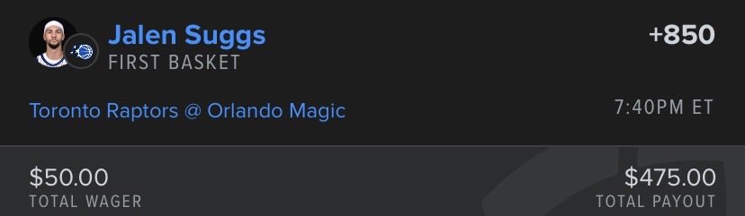 TPB_FirstBasket's tweet image. Today’s play 🏀

Jalen Suggs +850 (FD) ✅

ORL should win the tip, and Suggs has taken first team FGA in 4/7 starts with this lineup 👀 

#GamblingX #FirstBasket