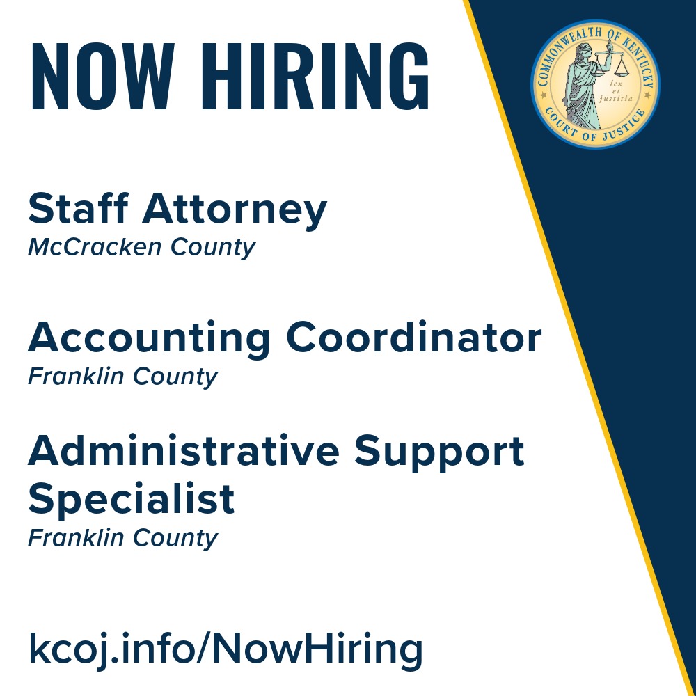 kentuckycourts's tweet photo. 📢 #NowHiring for multiple positions!
🔗Apply at https://t.co/2DS4EPxCKt
#KYJobs #StateCourts #Law #LegalCareer #Accounting #Finance https://t.co/PQR1WMrJMh