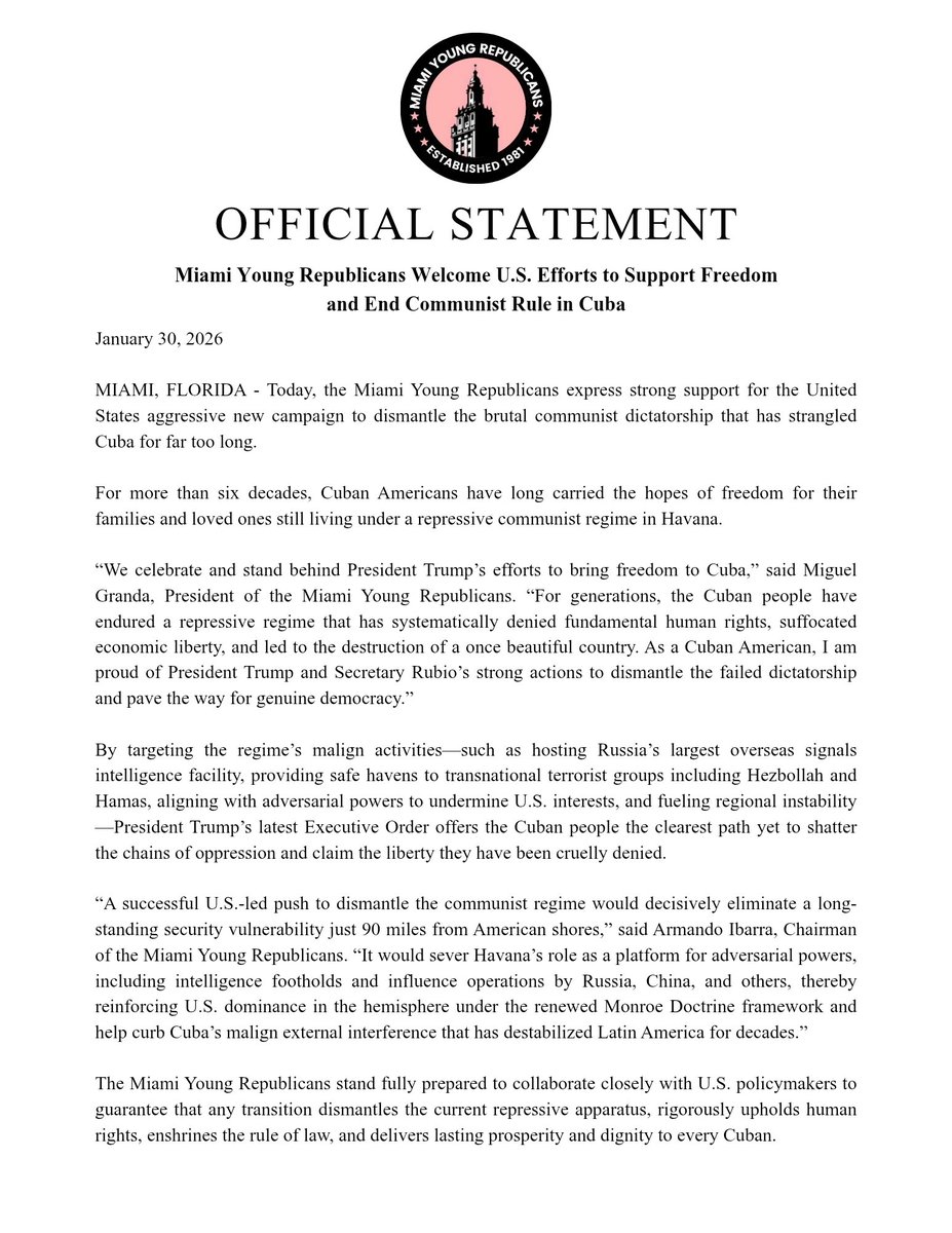 The Miami Young Republicans support President Trump’s latest Executive Order to dismantle the brutal communist dictatorship in Cuba!

For generations, our families have suffered under Havana's oppression. Today, we stand firmly behind <a href="/realDonaldTrump/">Donald J. Trump</a> &amp; <a href="/SecRubio/">Secretary Marco Rubio</a> to bring FREEDOM