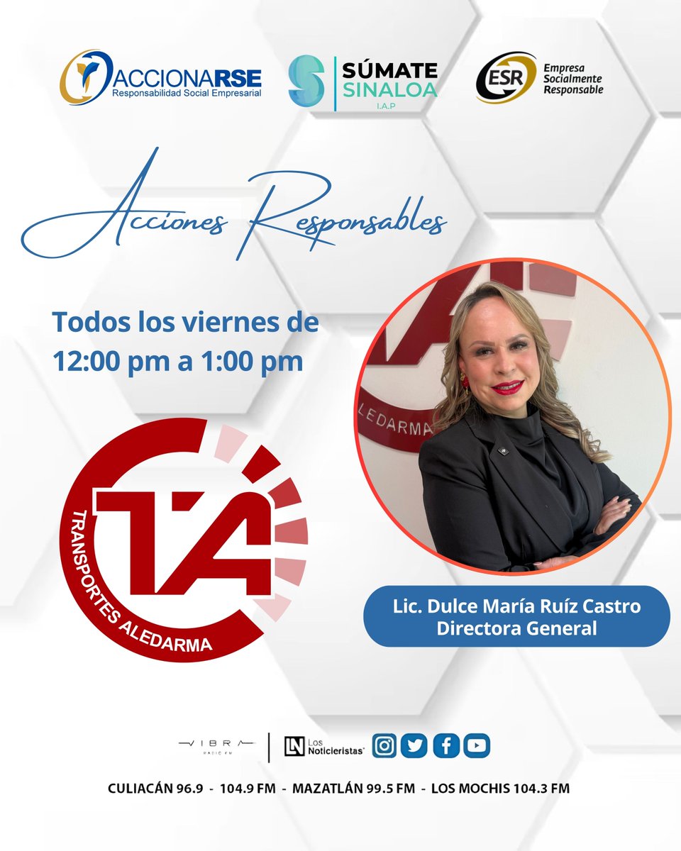 No te pierdas el espacio para la Responsabilidad Social en SÚMATE SINALOA👏🏼
Tendremos la participación de la Lic. Dulce María Ruíz Castro, Directora General de la empresa Transportes Aledarma🙌🏻

Quién a través de un testimonial nos habla sobre las buenas acciones de ESR🙂